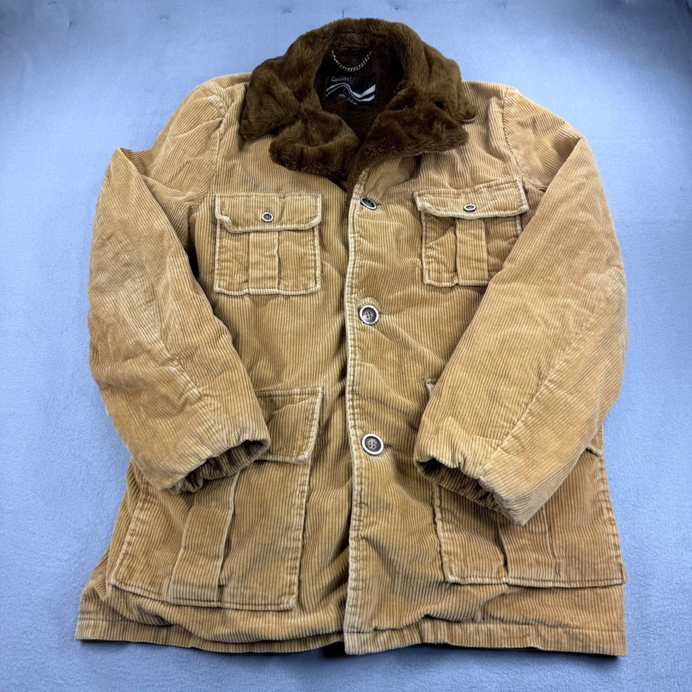 Vintage Montgomery Ward Corduroy Jacket Tan Faux Fur Trim Pile Lined Field Coat